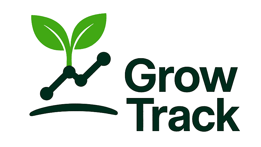 GrowTrack logo featuring a green seedling with two leaves above a growth tracking line graph, with the wordmark GrowTrack in dark green