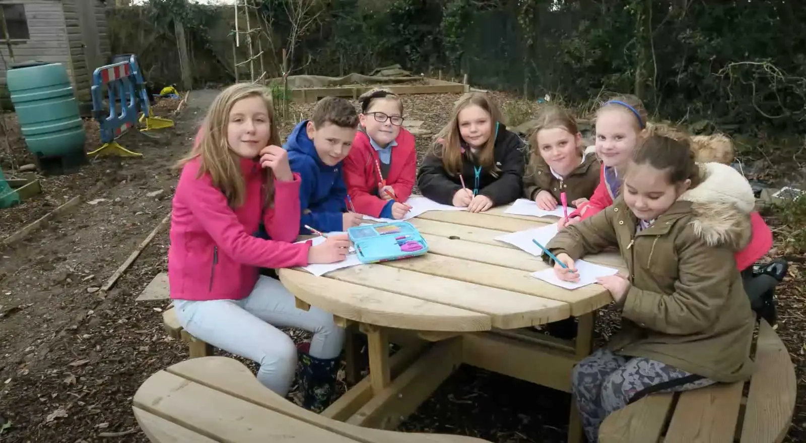 Children from Llanciach Fach Primary School at Tony's allotment