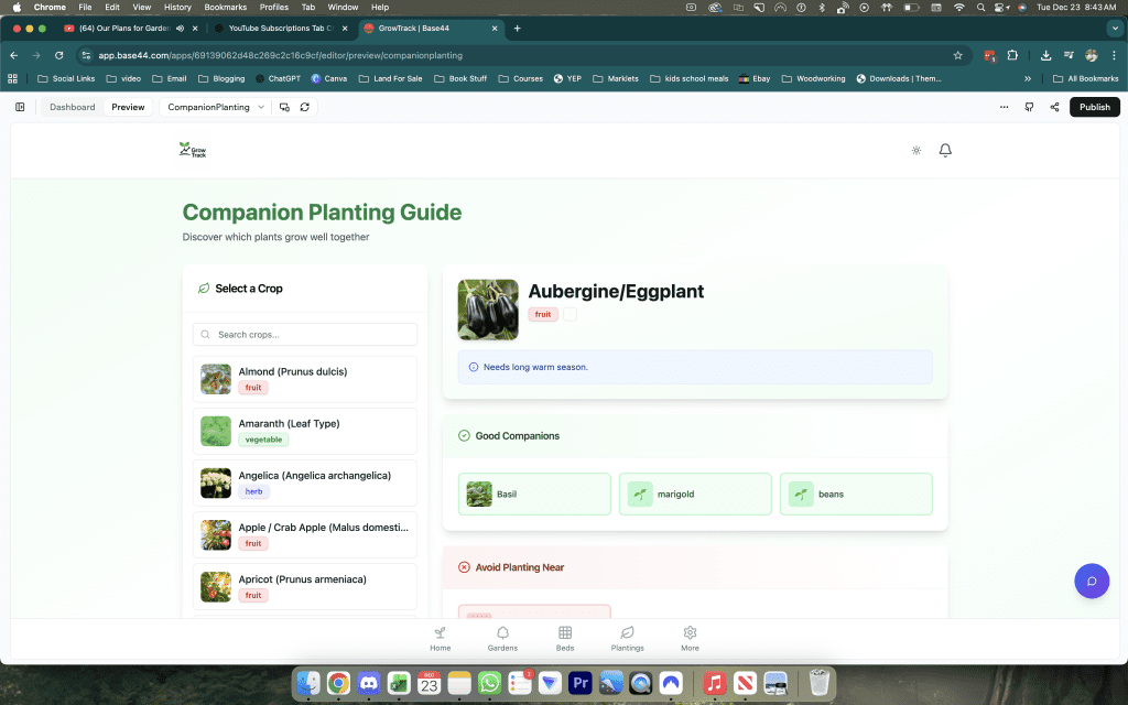 Screenshot of the Companion Planting Guide feature inside GrowTrack showing the crop selection panel on the left with a searchable list including Almond, Amaranth Leaf Type, Angelica, Apple Crab Apple, and Apricot each tagged as fruit, vegetable, or herb. The main panel shows Aubergine Eggplant selected and tagged as fruit with a note that it needs a long warm season. The good companions section lists Basil, Marigold, and Beans as beneficial pairings, each shown with a plant photo. The avoid planting near section is partially visible at the bottom of the screen.