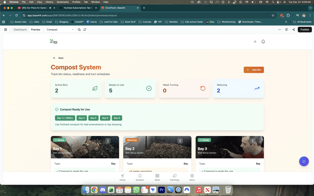 Screenshot of the Compost System feature inside GrowTrack showing a dashboard with 2 active bins, 5 ready to use, 0 needing turning, and 2 maturing. A compost ready for use panel shows bays Bay 1 approximately 1000 litres, Bay 3, Bay 5, Bay 8, and Bay 9 highlighted as ready, with the guidance to use finished compost for bed amendments or top dressing. Three bay photo cards are visible below: Bay 1 in Well-Being Garden tagged Ready, compost is ready for use; Bay 2 in Well-Being Garden tagged Maturing with approximately 6 weeks remaining; Bay 3 in Well-Being Garden tagged Ready, compost is ready for use.