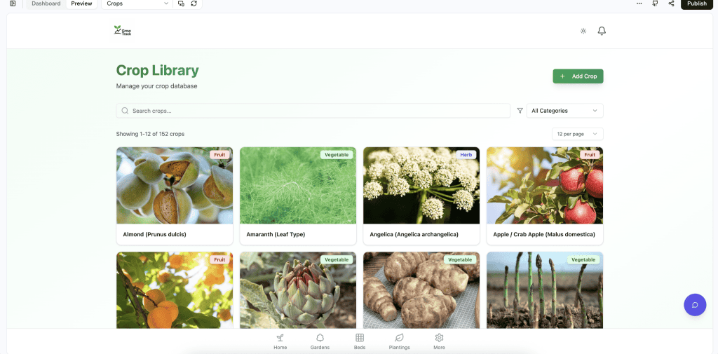GrowTrack Crop Library — 152 Crop Database with Full Planting and Growing Information for Vegetables, Fruit and Herbs