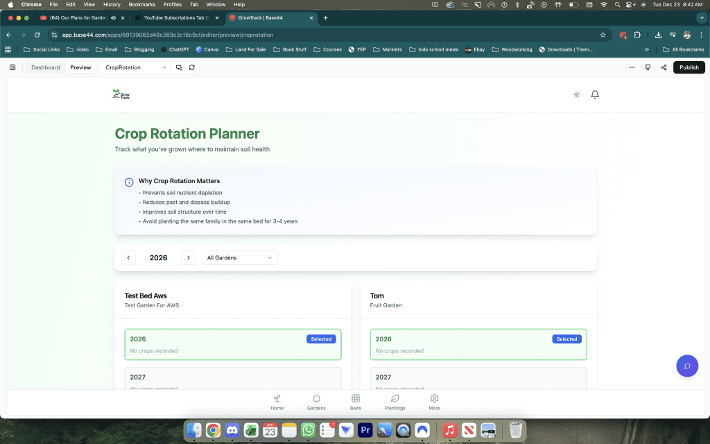 Screenshot of the Crop Rotation Planner feature inside GrowTrack showing the introductory panel explaining why crop rotation matters, covering prevention of soil nutrient depletion, reduction of pest and disease buildup, improvement of soil structure, and the recommendation to avoid planting the same family in the same bed for 3 to 4 years. Below the panel, two garden beds are displayed side by side: Test Bed Aws labelled as Test Garden For AWS, and Tom labelled as Fruit Garden, both showing 2026 as selected with no crops recorded, and 2027 partially visible beneath.
