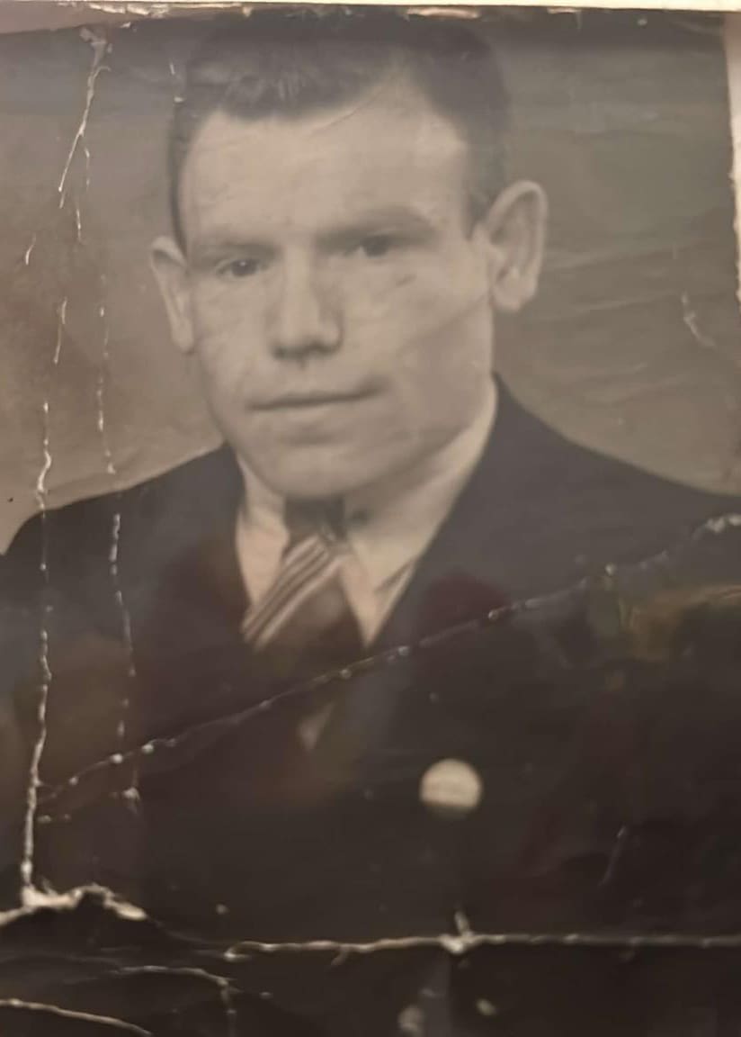 Vintage black and white portrait photograph of Walter Edward O'Neill, known as Ted, the grandfather who introduced Tony O'Neill to vegetable growing on his allotment in Carnetown, Abercynon, Rhondda Cynon Taff