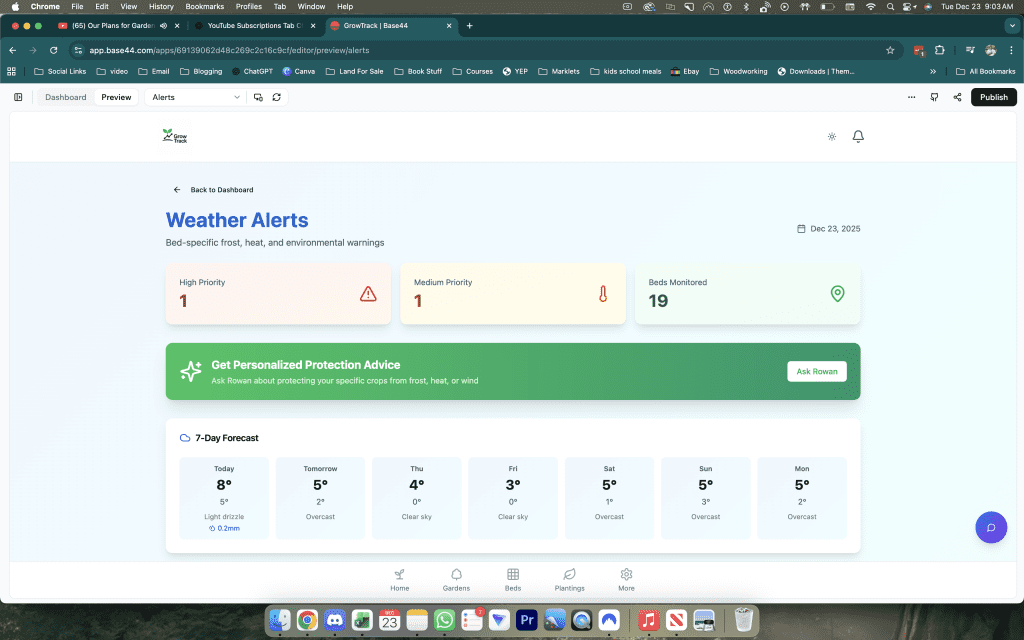 Screenshot of the Weather Alerts feature inside GrowTrack dated 23 December 2025, described as bed-specific frost, heat, and environmental warnings. The dashboard shows 1 high priority alert, 1 medium priority alert, and 19 beds monitored. A green Get Personalized Protection Advice panel reads ask Rowan about protecting your specific crops from frost, heat, or wind, with an Ask Rowan button. A 7-day forecast shows temperatures from 23 December through to Monday: today 8 degrees with a low of 5 degrees and light drizzle at 0.2mm, tomorrow 5 degrees low of 2 degrees overcast, Thursday 4 degrees low of 0 degrees clear sky, Friday 3 degrees low of 0 degrees clear sky, Saturday 5 degrees low of 1 degree overcast, Sunday 5 degrees low of 3 degrees overcast, Monday 5 degrees low of 2 degrees overcast.