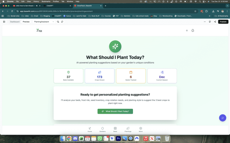 Screenshot of the What Should I Plant Today feature in GrowTrack showing AI-powered planting suggestions based on the grower's unique garden conditions, with 37 beds available, 173 crops known, 6 seeds tracked, and December as the current season, with a personalised suggestion prompt explaining the system will analyse beds, frost risk, seed inventory, crop rotation, and planting style to recommend the 3 best crops to plant right now