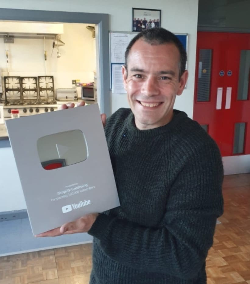 YouTube Silver Play Button awarded to Tony O'Neill at 100,000 subscribers, Simplify Gardening channel now at 458,000+ subscribers